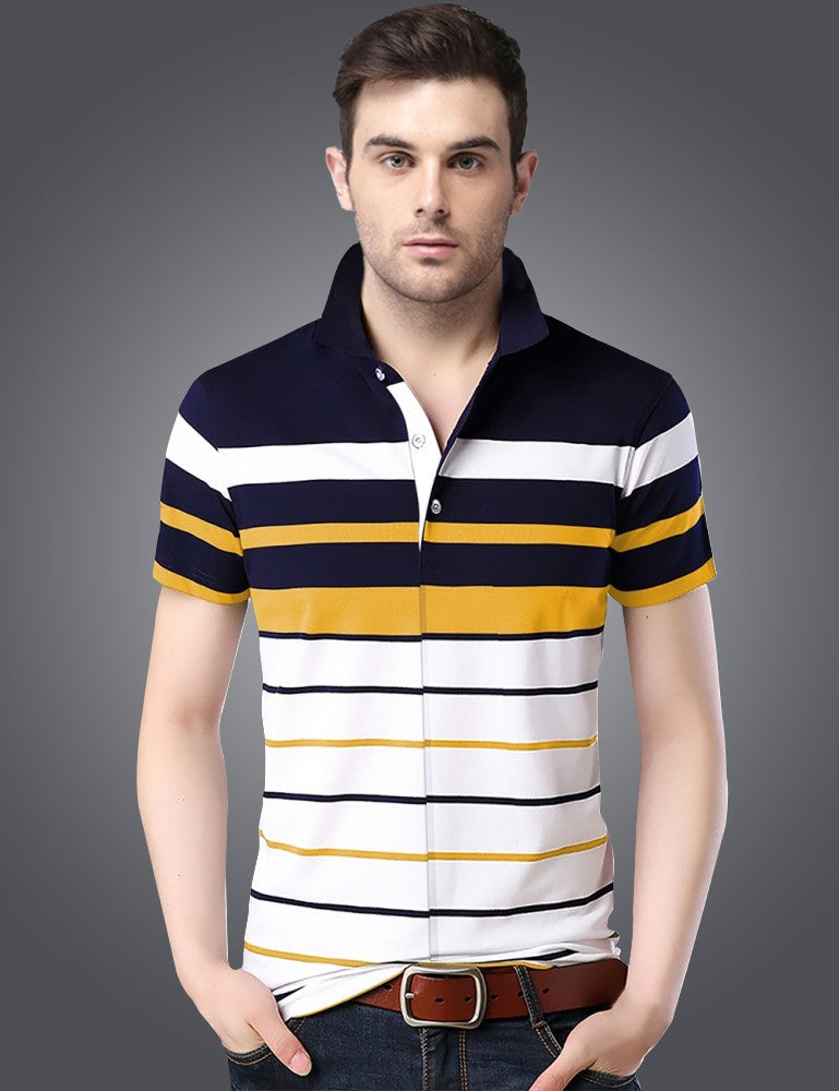 Striped Men Polo Neck Dark Blue T-Shirt Auto-Striper White-DarkNavy-Mu ...